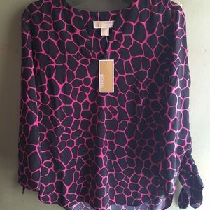 Michael Kors Women's Black & Fuchsia Patterned Long-Sleeve Top